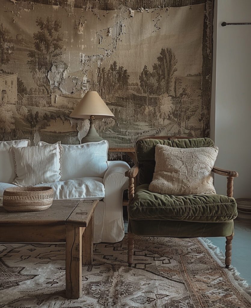 A photo of an olive green velvet chair with wooden armrests, next to it is a table on which there are two lamps, in front of them is a white fabric sofa and behind that a wall covered in the style of beige and brown tapestry with a medieval scene, vintage, Italian style, 70 years old. --ar 105:128 --stylize 250 Job ID: d88ec69a-d1fa-44d5-b0e5-5805171acb2c