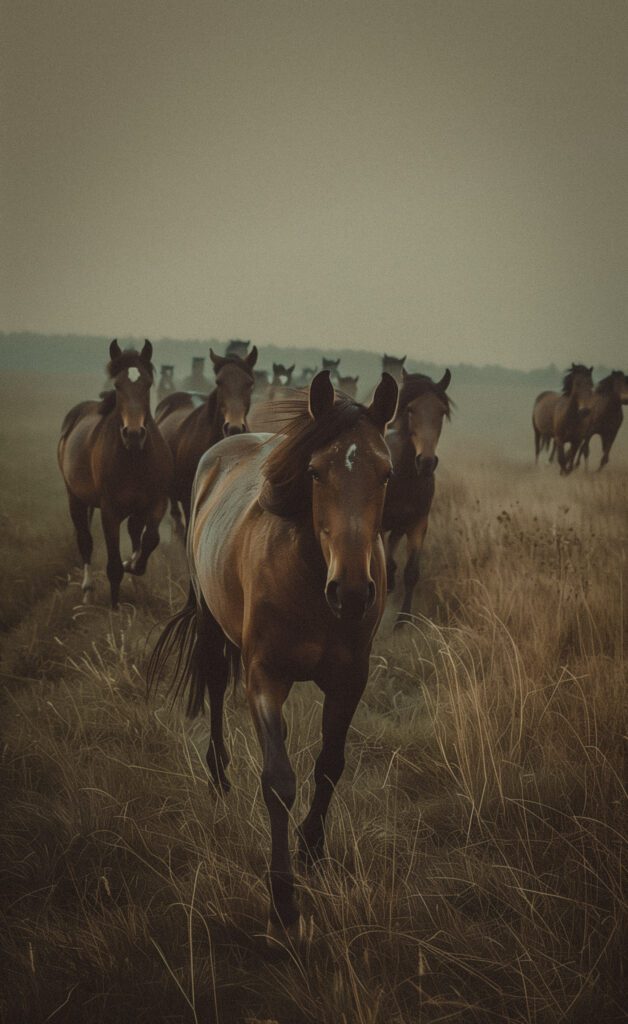 A herd of wild horses running through the grassy plains, in an open field, muted tones, minimalist aesthetic, soft lighting, in the style of James Mcherson. Kodak film photography, vintage filter. --ar 35:57 Job ID: ad985d17-2cea-443a-a513-6c81a32b9867