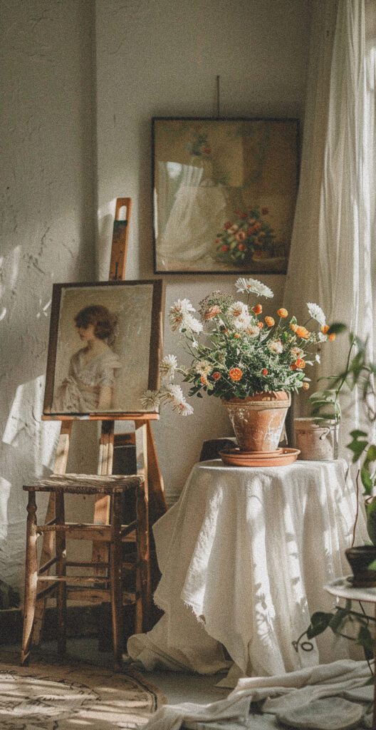 A painting of a lady on an easel in front of it is a large flower pot with flowers. On top there is a small wooden chair and table covered in white linen cloth, all in the living room of a modern French house. Instagram photo, aesthetic. --ar 33:64 --style raw Job ID: d838a845-6dab-4730-9a54-878fe6030bcd