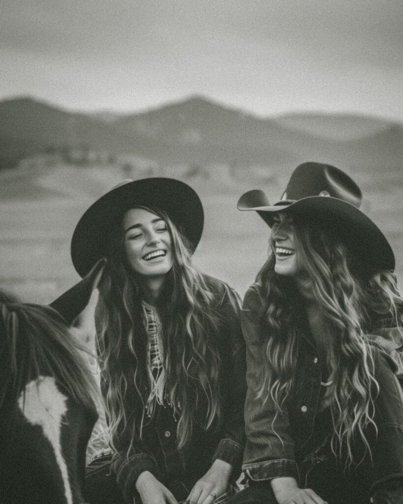 A black and white photo shows two model cowgirls sitting on the ground, smiling with their horse nearby. They have long hair and cowboy hats. The scene is set in an open field near mountains. The photo has a grainy, film noir style that evokes the work of early photographers. --chaos 10 --ar 4:5 --style raw --stylize 0 Job ID: a8b71b68-de32-42e4-ac0f-e5f6d969a798
