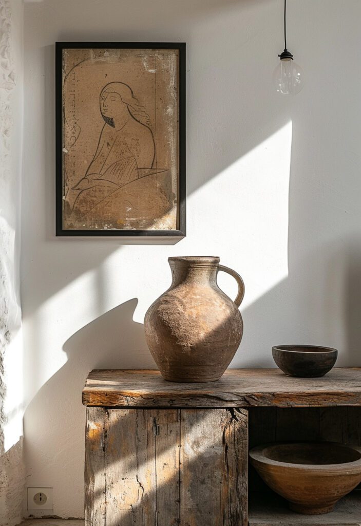 a small ancient jug on an old table, next to it is the shadow of one person and another in front stands with his back turned, a modern black desk lamp illuminates the wall behind which there's a painting of monalisa, warm sunlight from window, minimalist interior, white walls, stone floor, beige clay sculpture on sideboard, photo taken by canon eos r5 --ar 11:16 --stylize 250 Job ID: ddba1d2d-9696-48d9-97ff-87c1d8b4a72d