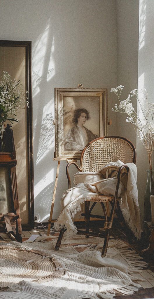 A large antique portrait of an aristocrat is placed on the easel in my room, next to it is a straw chair and flowers in vases, creating an atmosphere of minimalism in beige tones. The photo was taken with an Iphone in the style of an instagram post, using natural light. --ar 33:64 --style raw Job ID: b70a0a7a-3a4a-48ff-a741-20739c3049e7