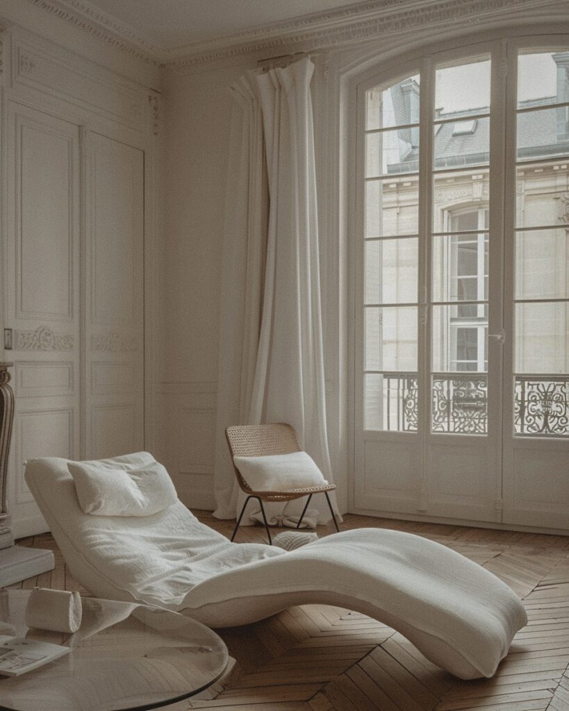 A Parisian haussmann interior with an accent of wabi sabi style and Japanese minimalism, white colors, wood parquet flooring, a large window providing soft light, a modern chaise longue in the center of the room, few pieces of furniture including one glass coffee table, decor magazine still life photography in the style of minimalism. --ar 35:44 --style raw Job ID: fced1a34-2a00-49e4-9cdf-d05fe8bd206d