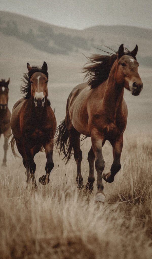 photograph of wild horses running in the steppe, brown and white, grainy film filter, minimalist, kodak portra film, cinematic, in the style of Monia Merlo --ar 35:57 Job ID: e2b26c11-f31f-41a8-87e0-4d6d6ce7c07a