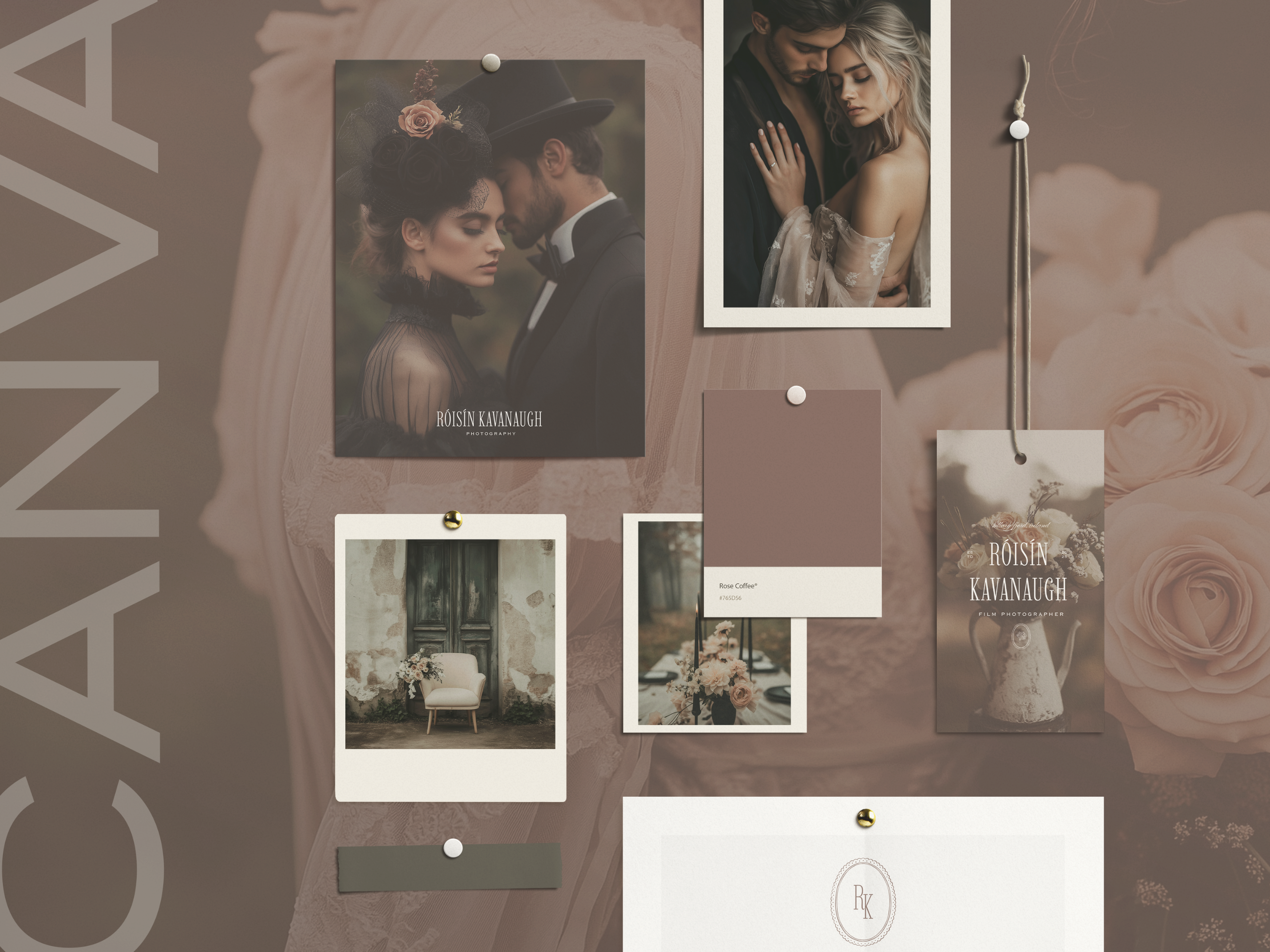 Pin Board of images with tacks holding up linen colored fabric, photography bsuiness mockup